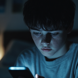 Boy in a dark bedroom looking at a smartphone