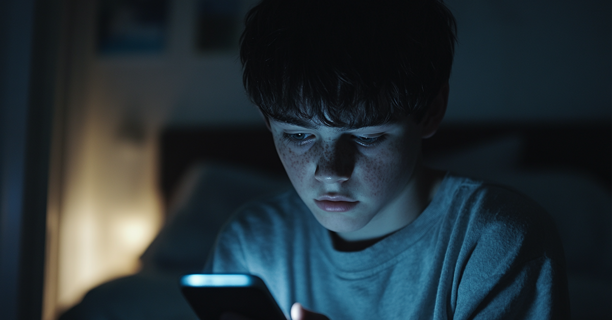 Boy in a dark bedroom looking at a smartphone