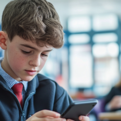 Child using a smartphone in a classroom